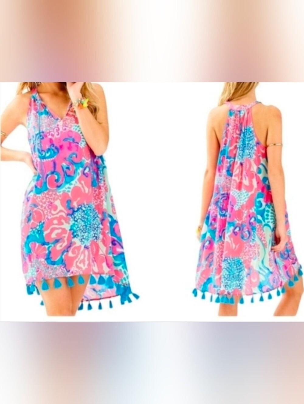Lilly Pulitzer Pink, Blue & Aqua Floral Tassel Sundress Or Cover Up.